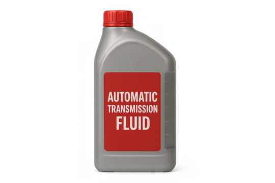 Gray plastic bottle containing automatic transmission fluid on transparent background