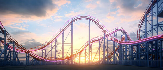 Colorful Roller Coaster At Sunset