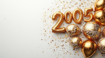 Gold 2005 Balloons & Confetti on White Background