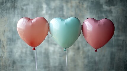 Three heart-shaped balloons against a textured wall
