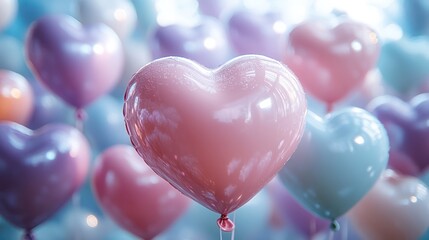 Heart-shaped balloons in pastel colors floating in the air, celebratory background