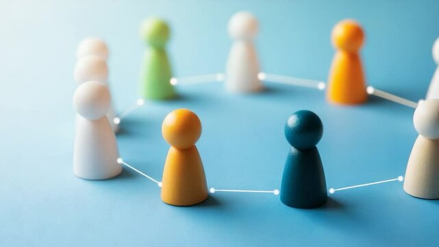 Colorful wooden figures connected in a circle representing teamwork and collaboration