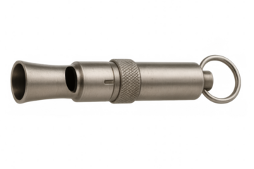 Metal whistle showing ring and mouthpiece on transparent background