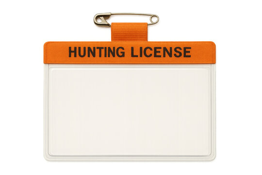 Hunting license badge with orange ribbon on transparent background