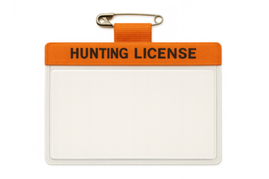 Hunting license badge with orange ribbon on transparent background