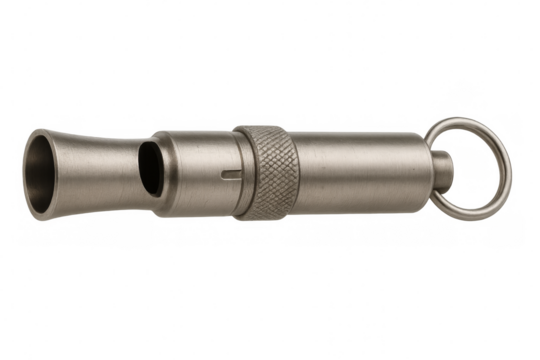 Metal whistle showing ring and mouthpiece on transparent background