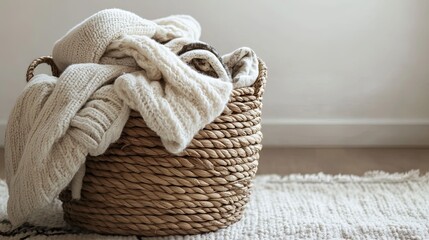 Natural fiber basket filled with cozy blankets..