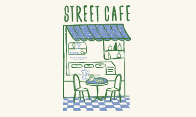 Street cafe graphic print design for t shirt, apparel, posters, background and others. Cafe abstract art design.