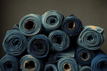 A stack of rolled up denim fabric in various shades of blue on dark background