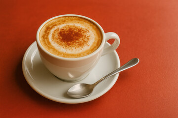 Fototapeta premium Coffee cup with spoon on red table.