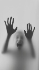 silhouette of screaming man with raised hands behind frosted glass, concept of cry for help and domestic and social violence