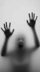 silhouette of screaming man with raised hands behind frosted glass, concept of cry for help and domestic and social violence