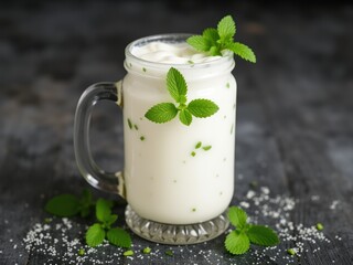 Creamy Ayran Beverage,  Mint-Garnished Glass Mug, Traditional Turkish Drink