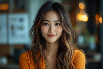 Woman with long hair in orange shirt.