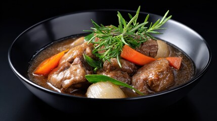 Fototapeta premium Savory Beef Stew: a delicious bowl of beef stew, a hearty culinary creation, perfect for a warm, comforting meal. The stew is presented in a stylish black bowl
