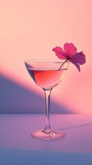Pink Cocktail Drink in Glass with Flower Garnish Aesthetic Pink Background