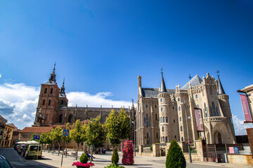 Panoramic View of Episcopal Palace by Gaudí and Astorga Cathedral, Spain