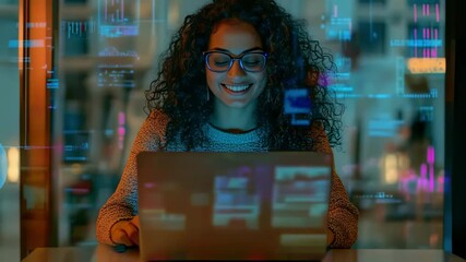 Smiling woman works on laptop with digital data streams around her. - Powered by Adobe