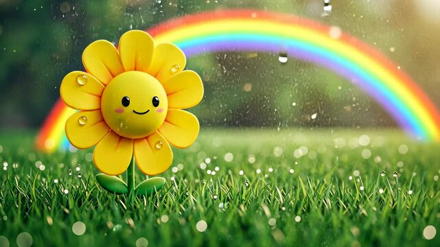 Smiling cartoon flower in rain. Rainbow in background, dewdrops on grass