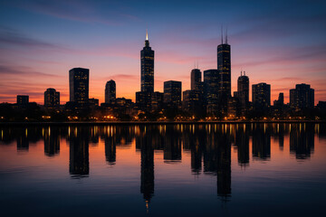 Obraz premium Chicago skyline at sunset: silhouettes of tall buildings against a colorful sky with the sun setting in the background.