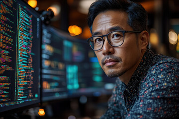 Fototapeta premium Man in glasses studying computer screen.