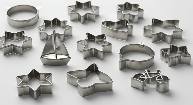 Arrangement of various metal cookie cutters including stars sailboat and bicycle shape