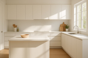 Fototapeta premium Person slicing vegetables on a white marble countertop in a modern, white kitchen with wooden floor and cabinets.