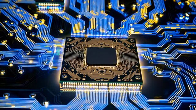 Processor ignites transfer of data. Microchip embedded in digital circuit. Data flow moves around processor. Microchip processor spreads digital data. Processor handles microchip data speed.