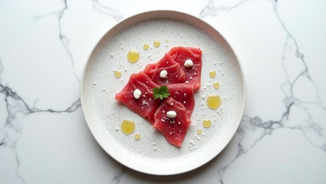 Elegant tuna carpaccio served on a ceramic plate with olive oil drops and cream dollops, presented on a white marble background for a clean, modern look.