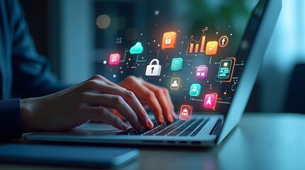 Close-up of a Hispanic male working on a laptop, with digital security icons and data visuals emerging from the screen.