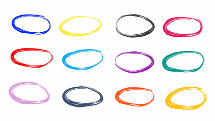 Colorful hand-drawn oval brush strokes on white background, perfect for playful, fun, and creative art projects vector design isolated 