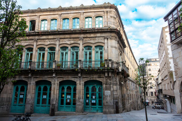 Historic Facade of Juan Compañel Public Library in Vigo, Spain