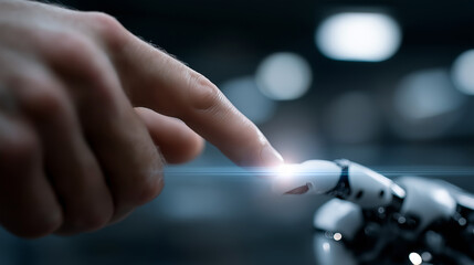 Man Meets Machine: Human Touching AI Hand with Blue Tech Circuits and HUD Elements, human and robot hand, AI interaction, digital touch, futuristic technology, binary code, data stream, tech HUD, post