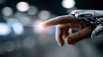 Digital Connection: Human and Robotic Hand Exchange Data in Sci-Fi Interface Scene, human and robot hand, AI interaction, digital touch, futuristic technology, binary code, data stream, tech HUD, post