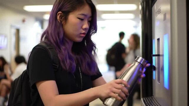 Young person refilling reusable water bottle