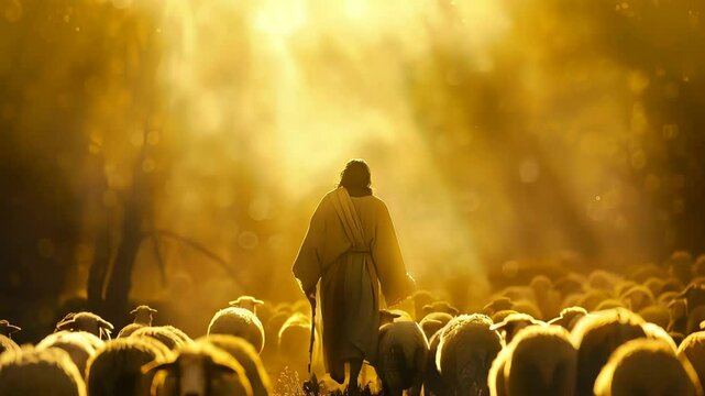 Jesus Christ the Good Shepherd, leads a flock of sheep in radiant golden light.