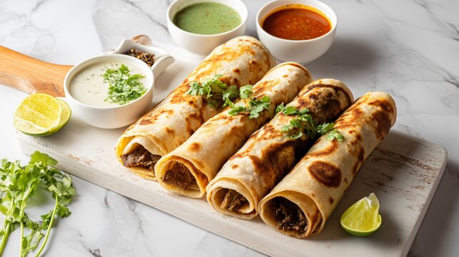 Flat lay of beef bihari boti wrapped inside fresh parathas, stacked neatly with dips on the side, clean white marble surface, minimal props for a professional and clean food styling