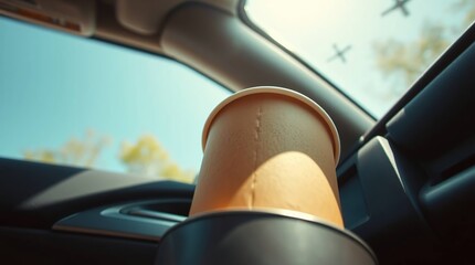 Dreamlike Low-Angle View Kraft Coffee Cup in Car Cupholder, Surreal Daylight Scene