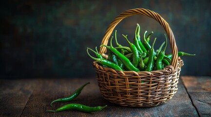 Fresh green chili peppers in a woven basket on a rustic wooden table