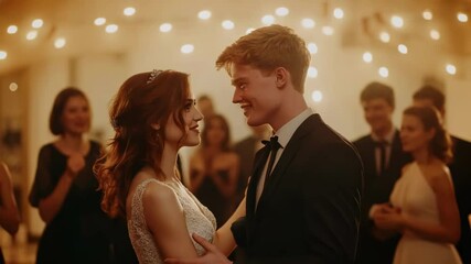Bride and groom share a romantic first dance at their wedding reception. - Powered by Adobe