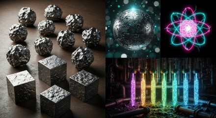 Metallic spheres and cubes with glowing atomic model and liquids concept of rare earth metals  