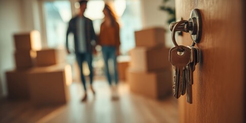 Fototapeta premium close-up of keys in the door of an apartment against the background of a young couple moving into a new house