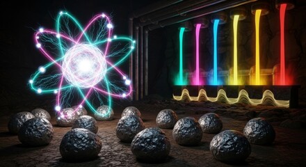 Concept of rare earth metals illustrated with atomic model and luminous elements  