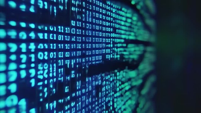 Digital binary code streams flow across a futuristic virtual screen background