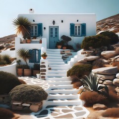 Traditional White House with Blue Doors on a Greek Island. deal for use in travel blogs, Mediterranean tourism brochures