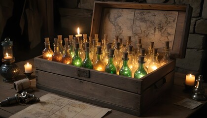 Rustic Wooden Chest Containing Glowing Glass Bottles in Candlelit Setting