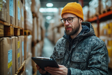 A man in a warehouse looking at a tablet.