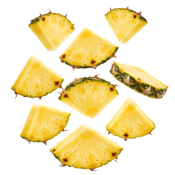 Pineapple pieces falling isolated on white or transparent background. PNG, slices of pineapple