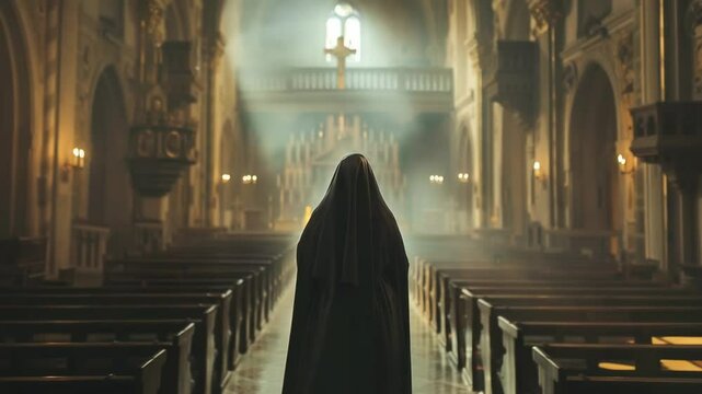 A nun in a dark habit walks down a church aisle, sunlight streaming from a stained-glass window.