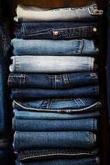 A close up shot of a neatly stacked pile of blue jeans of varying shades denim